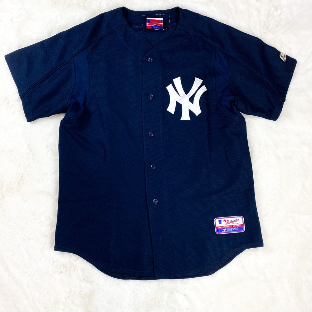 VINTAGE MAJESTIC NY NEW YORK YANKEES BASEBALL BLUE NAVY JERSEY MENS SIZE L #33